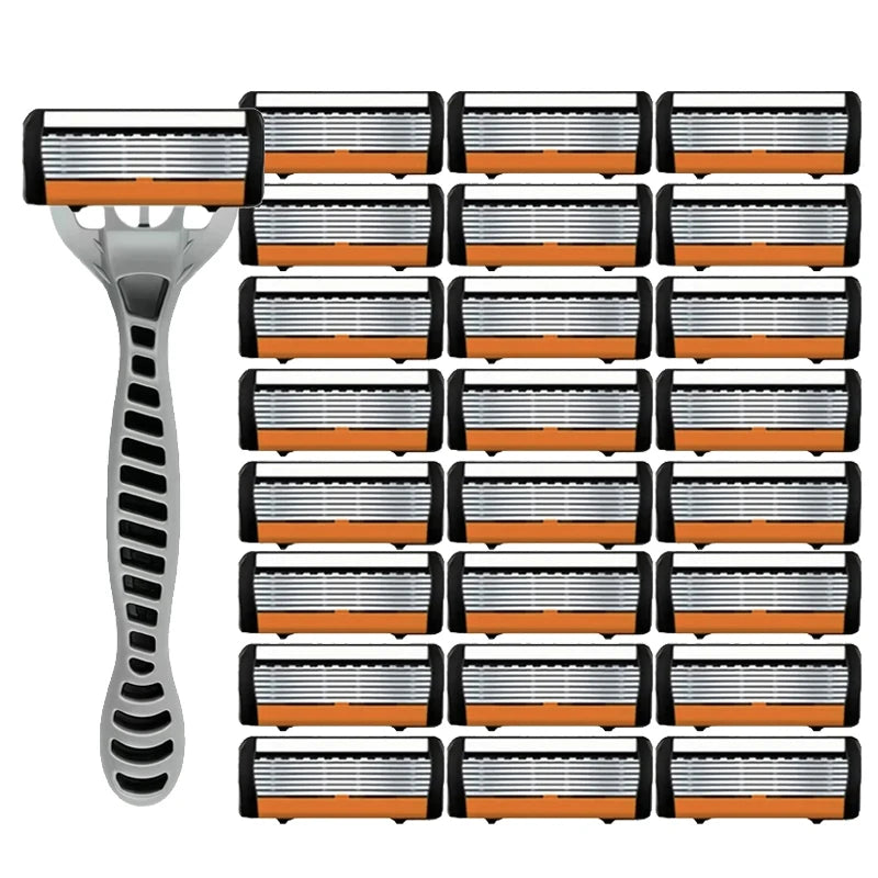 Men's manual razor safety razor 6-layer stainless steel hair removal knife, replaceable razor head, razor tools.