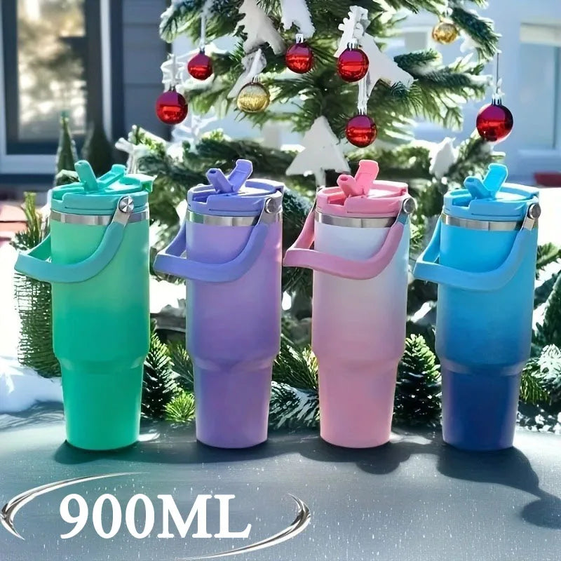 890ML Stainless Steel Thermos Cup with Straw  Keep Cold and Hot Car Coffee Cup Portable Vacuum Flask Travel Thermos Water Bottle
