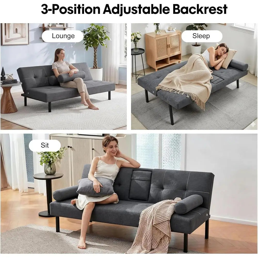 3-Seater Fabric Sofa Bed with Reclining Armrests and Grey Cup Holders