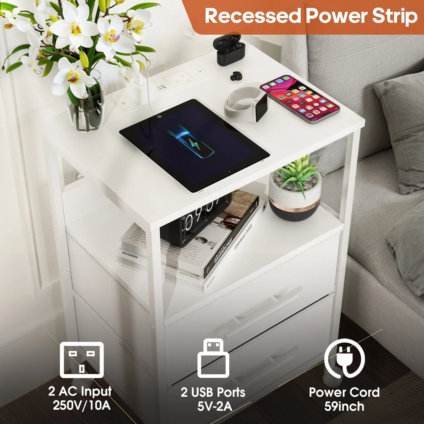 Bedside Table With Charging Station Nightstand With 2 Outlets And 2 USB Ports With 4 Castors