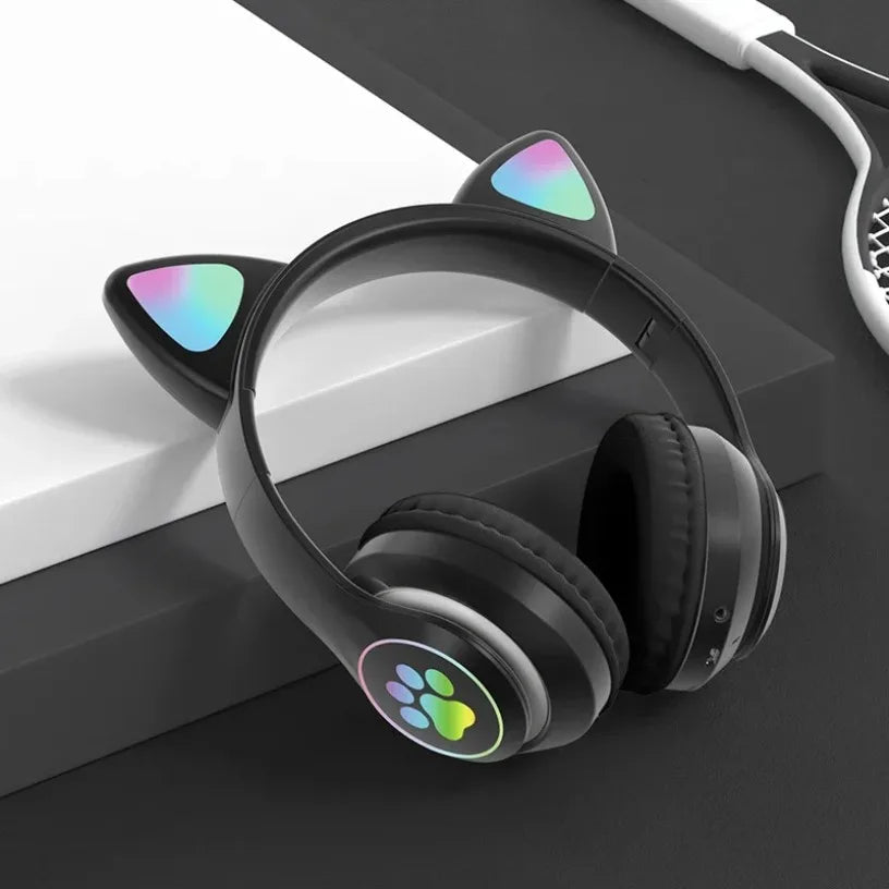 Bluetooth 5.0 Stereo With Mic Flash Lamp Cute Cat Ears Headphone Support TF Card Wireless Kids Girl Earphone Birthday Gift