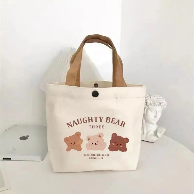 Bear Shape Canvas Tote Bag For Women Cute Mini Handheld Lunch Bag Student School Bag Gift Bag