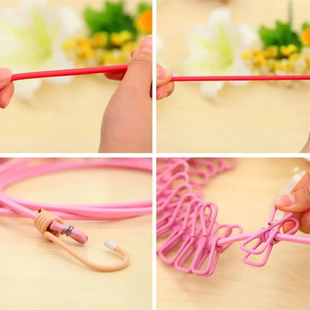 1pc Portable Clothesline With 12 Clips Polychrome Outdoor No Punching Required Travel Camp Retractable Clothes Rope Drying Rack