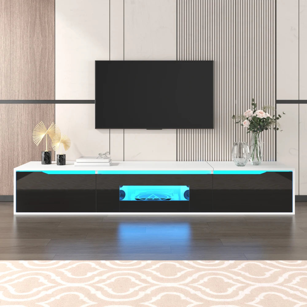 PINGGO TV cabinet, high-gloss TV cabinet, matching colours in white and high-gloss black, with colour-changing LED lights