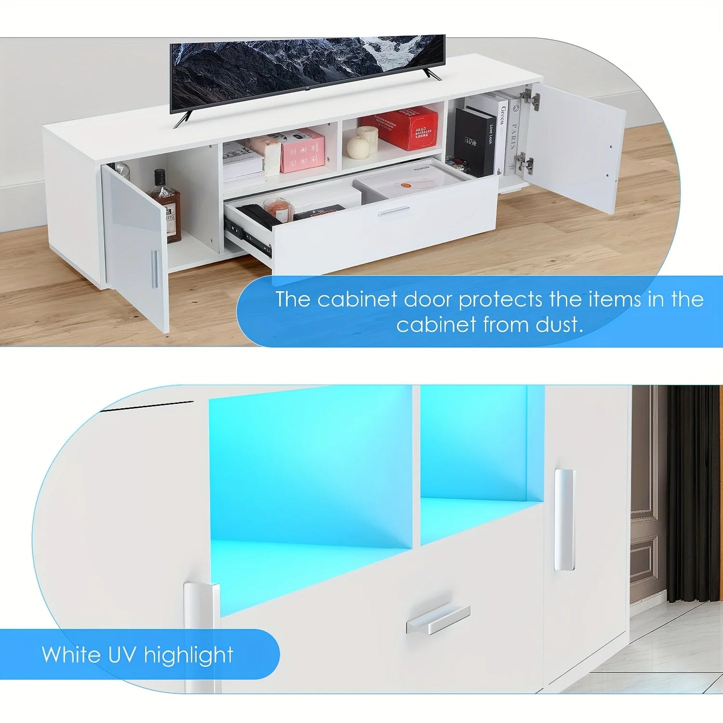 160cm Wide Modern White High-Gloss TV Stand Cabinet with RGB LED (16-Color RGB) & Shelves - Heavy-Duty TV Unit for 65-85