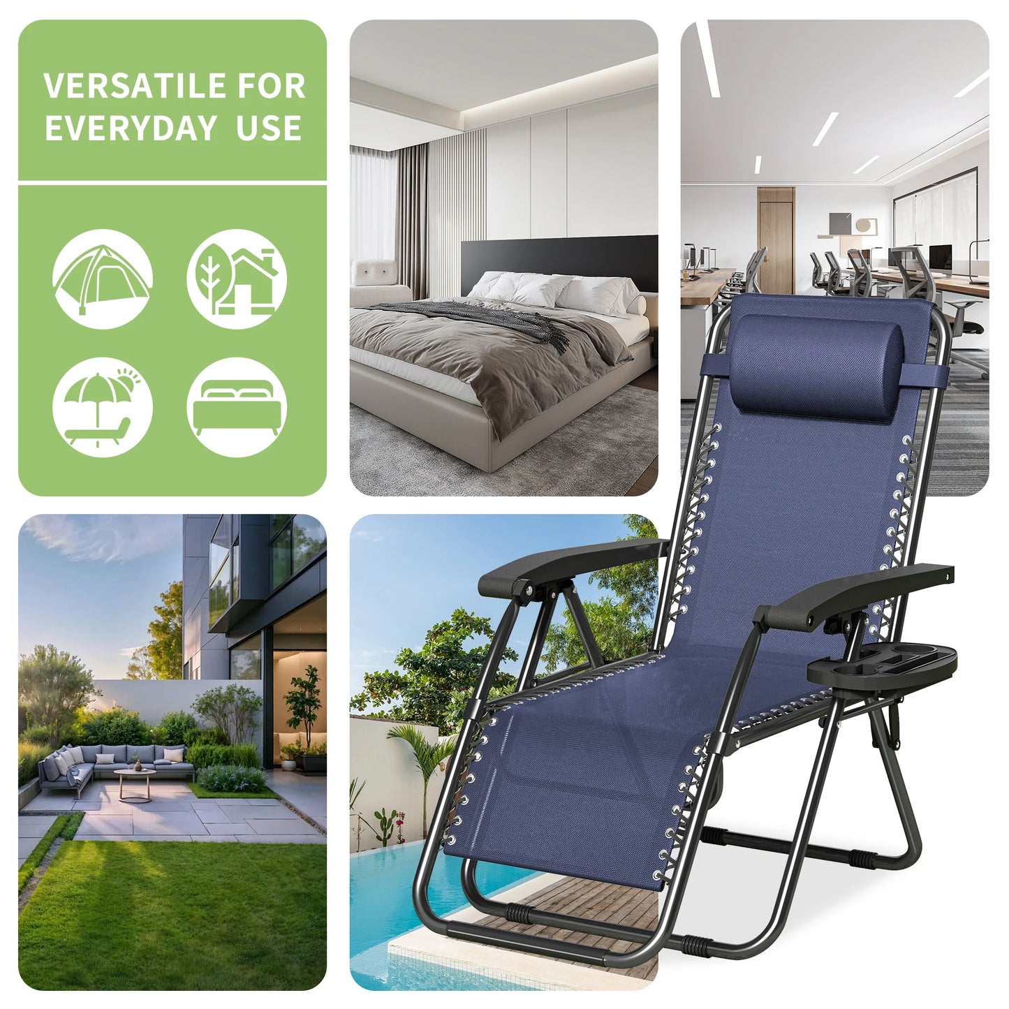 Zero Gravity Reclining Chair Set of 2 – Folding Outdoor & Garden Chairs with Textilene Fabric, Cup Holder and Headrest Pillow