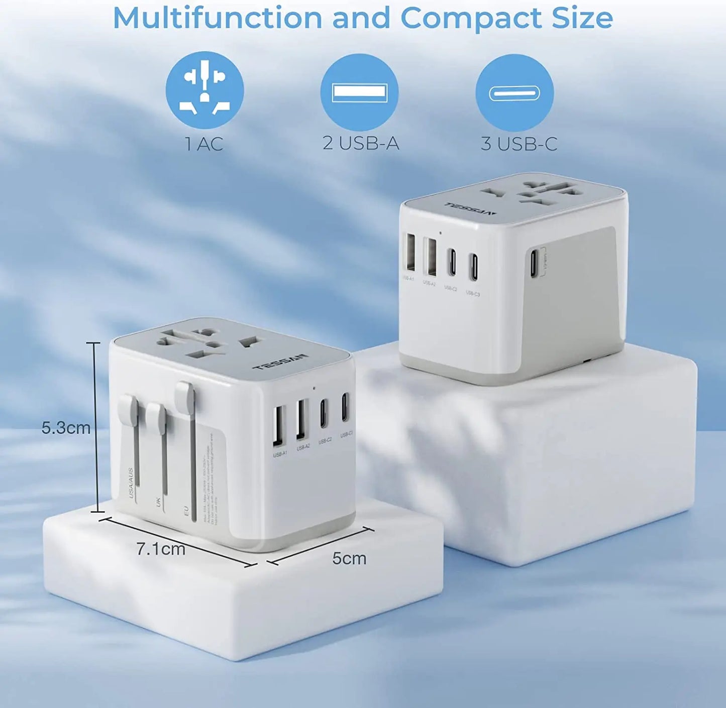 TESSAN Universal Travel Adapter Worldwide with USB & Type C, International Plug All-in-one Wall Charger for US EU UK AUS Travel