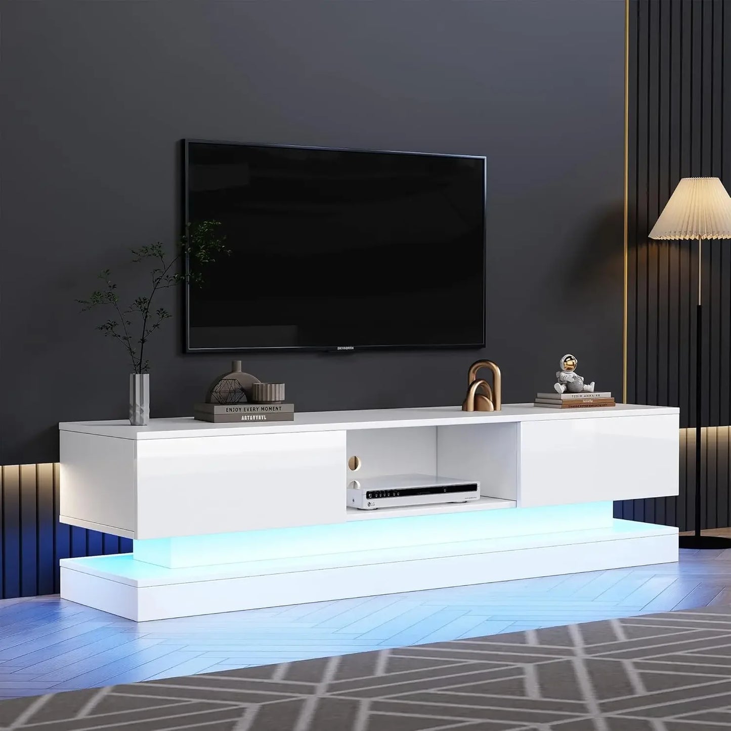 Frontal high-gloss TV stand with 16 RGB LEDs, 2 drawers, and 1 open storage space for 70-79-inch TV stand in living room