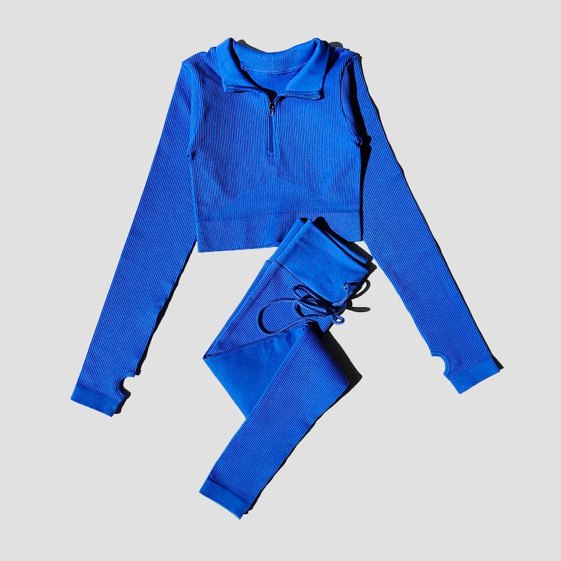 Seamless Women Yoga Set Workout Sportswear Gym Clothing Zipper Long Sleeve High Waist Leggings Fitness Bra Athletic Sports Suits