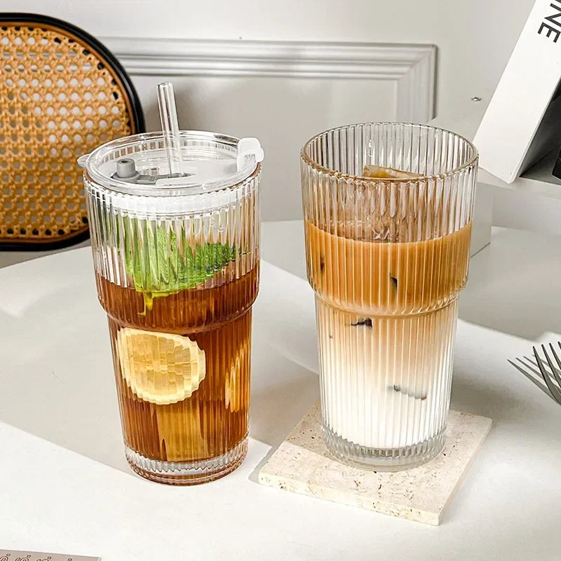 600ML Stripe Glass Coffee Cup with Lid and Straw Transparent Drinking Glasses for Juice Milk Tea Cups Iced Coffee Mugs Drinkware
