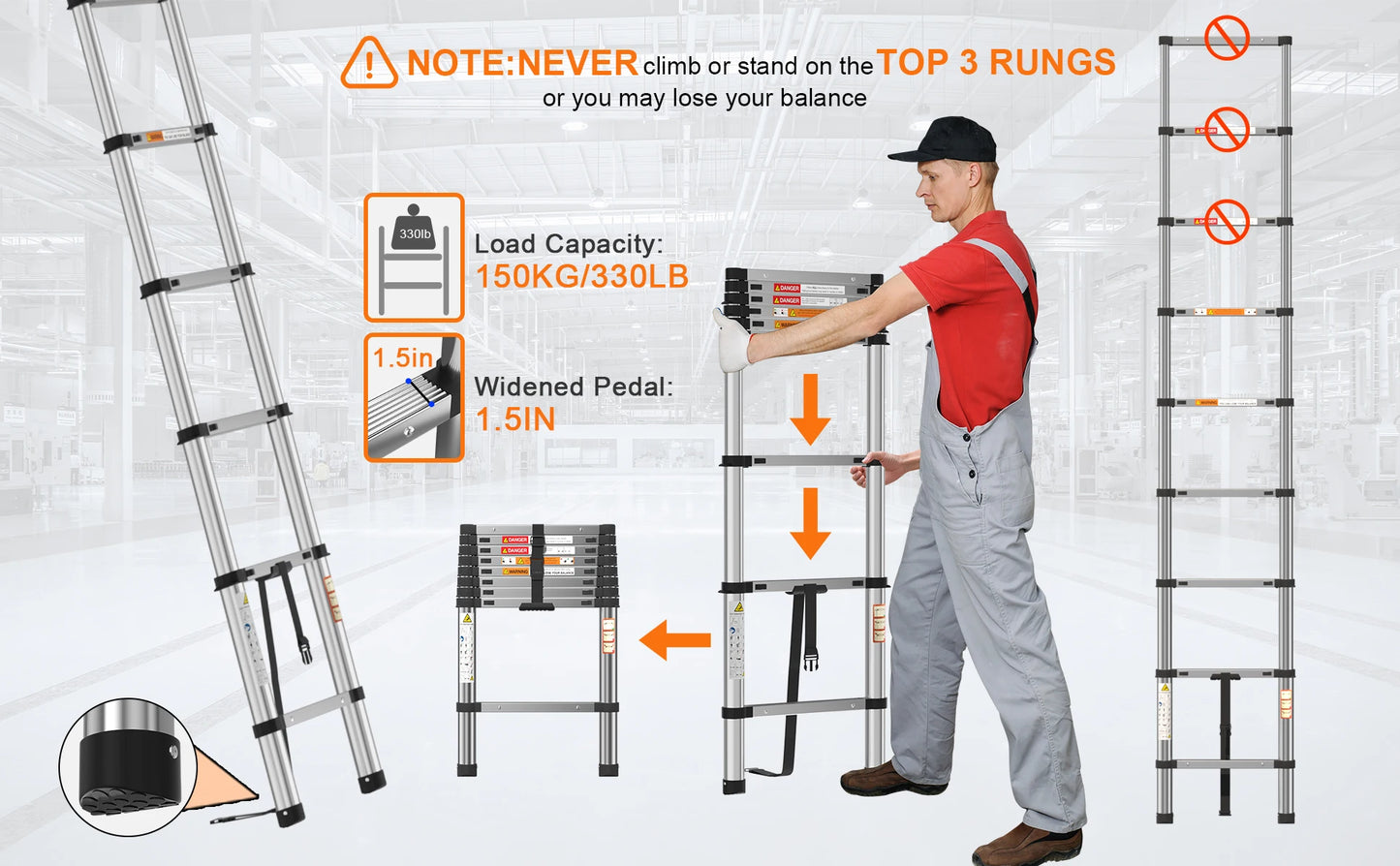 Telescopic Ladder Stainless Steel,load 150kg, Convenient Extendable ,For Pulling Walls, Changing Light Bulbs,Repairing Roofs,RV