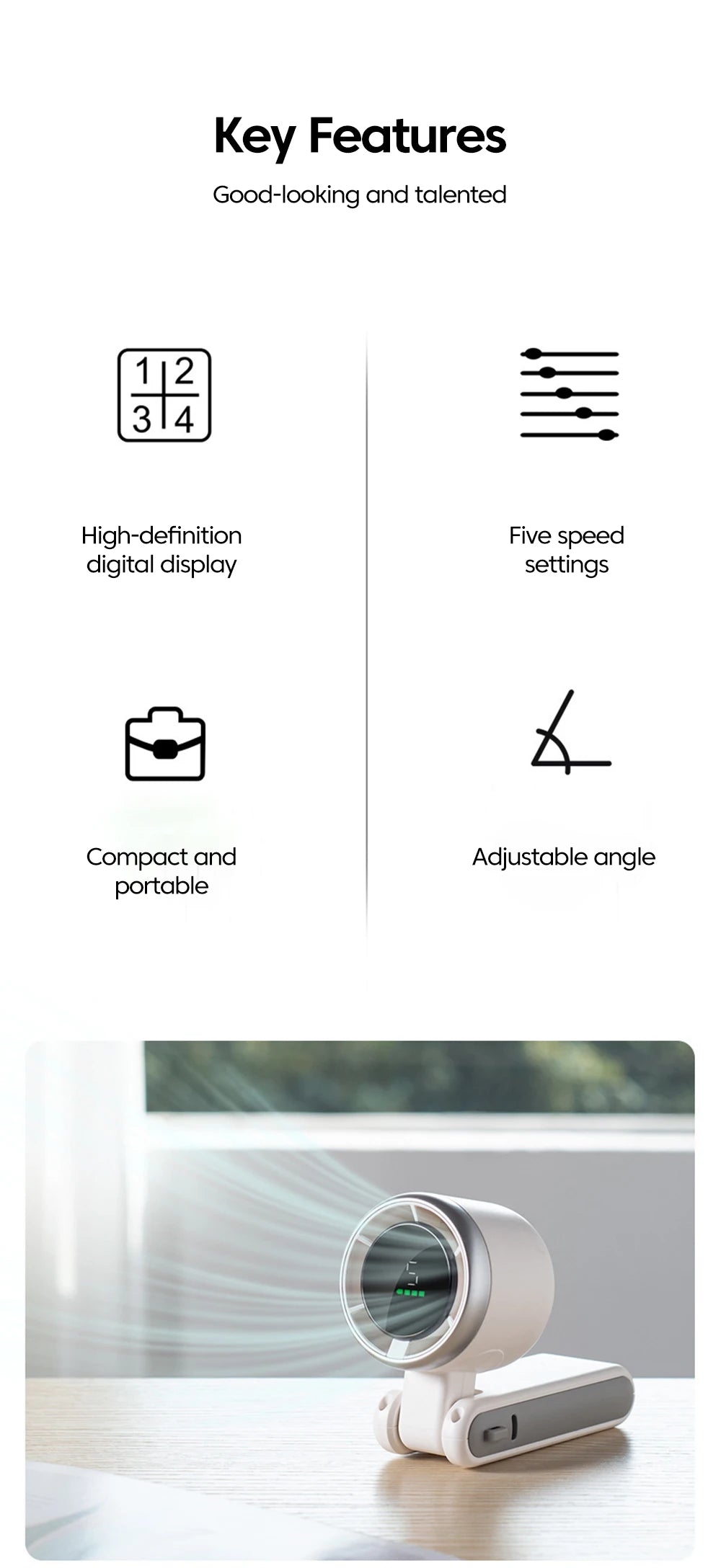 Handheld Folding Fan Type-C Charge Ports Portable Desktop 5level Wind Speed Adjustment Digital Display Electric Fan With Lanyard
