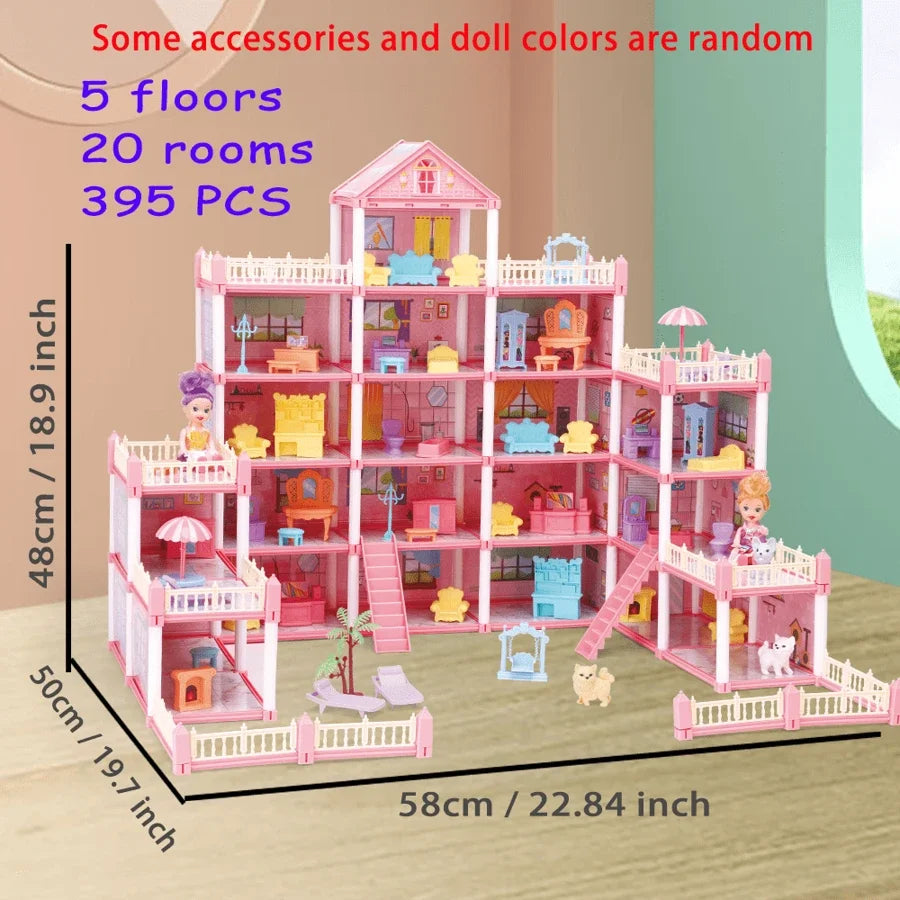 Girl Doll House Toy 3d Assembly Dollhouse Diy Mini Toy Accessories Villa Princess Pink Castle Children Pretend Birthday Gift
