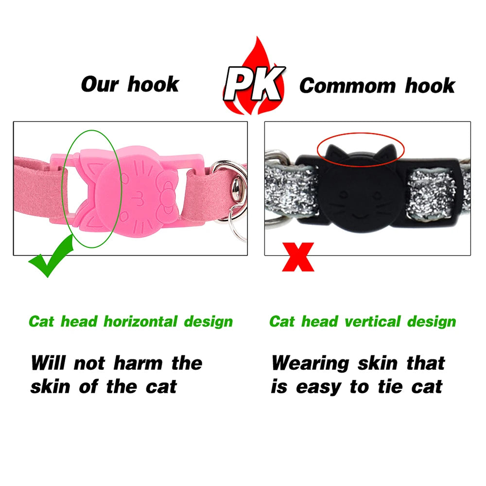 Soft Pink Suede Leather Cat Collar - Cute Bling Rhinestone Design, with Bell & Safety Breakaway Buckle, Adjustable XS/S Sizes