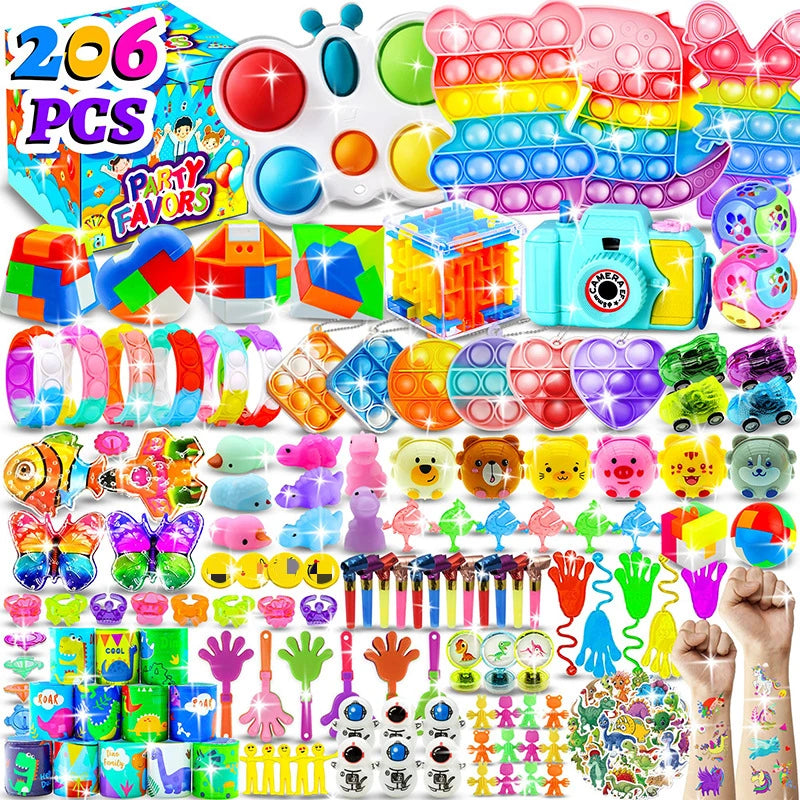 120/206Pcs Kids Birthday Pinata Toys Snap Bracelets Push Bubble Fidget Toys Carnival Prize Pinata Filler Bulk Toys Kids Gifts