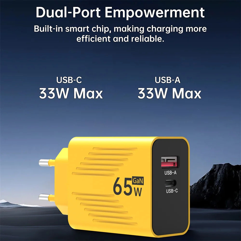 65W GaN USB C Fast Charger PD QC 3.0 Travel Wall Adapter with UK US EU Plug for iPhone Samsung Xiaomi Huawei Mobile Phone
