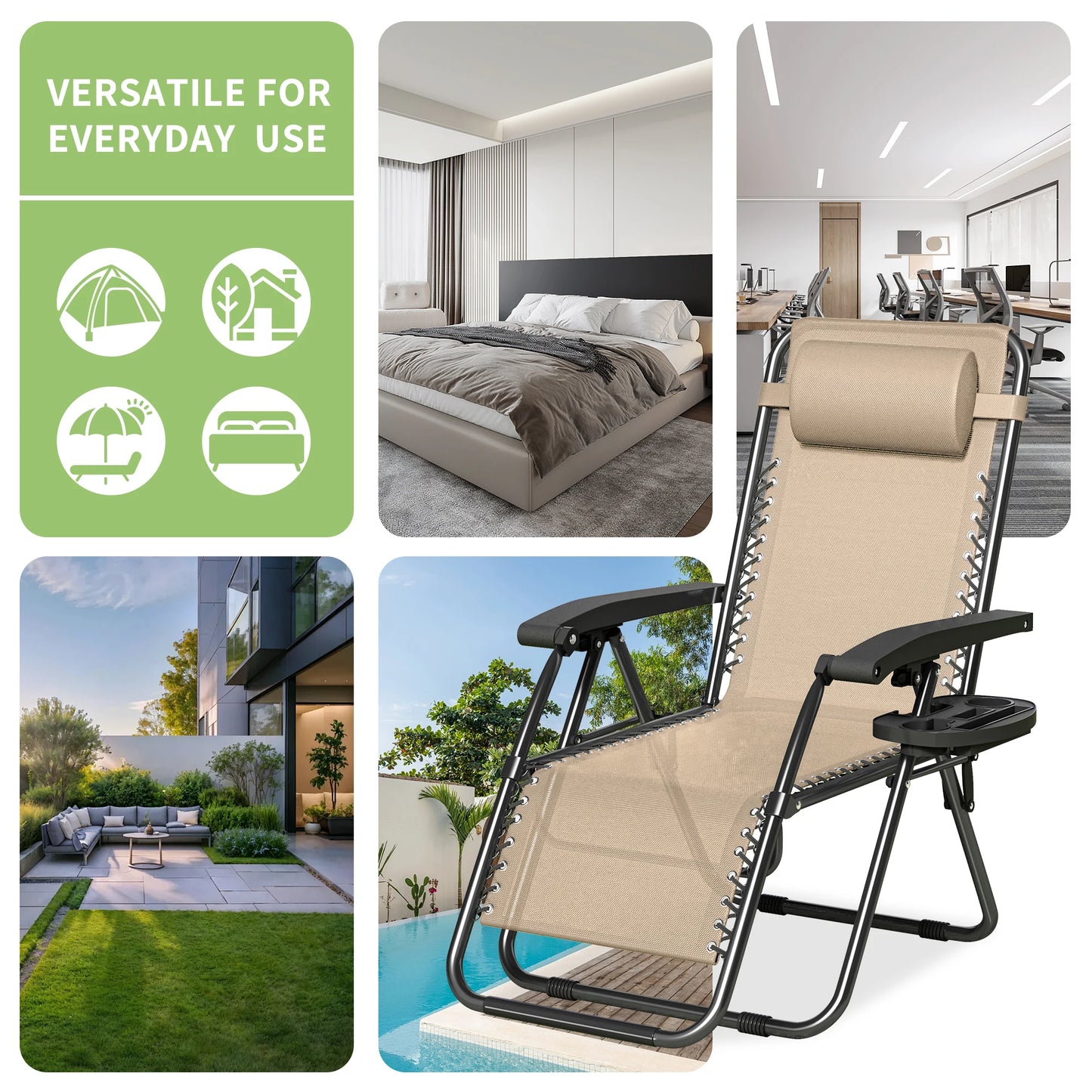 Zero Gravity Reclining Chair Set of 2 – Folding Outdoor & Garden Chairs with Textilene Fabric, Cup Holder and Headrest Pillow