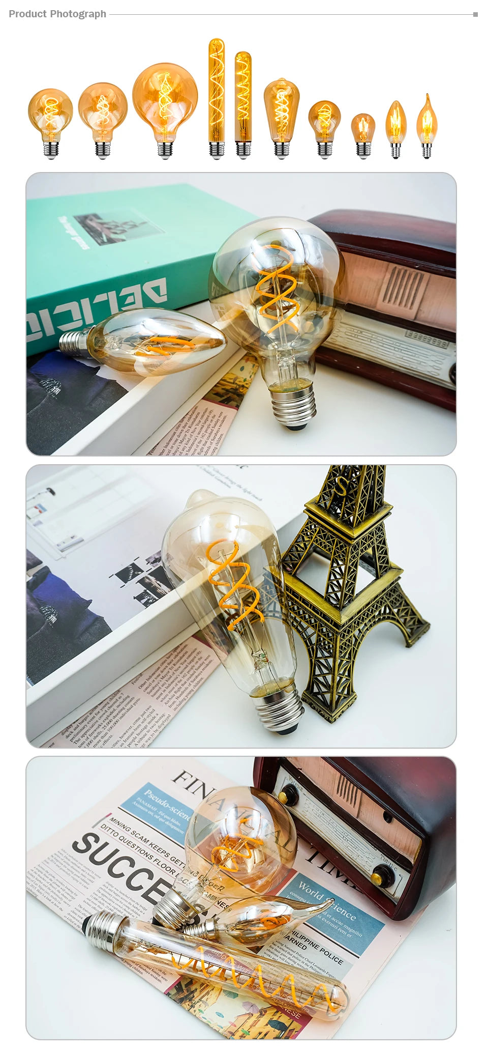 1-10pcs E27 E14 Retro Edison LED Filament Bulb AC 220V Spiral Light C35 G45 A60 ST64 G80 G95 G125 Glass Bulb Retro Candle Lamp