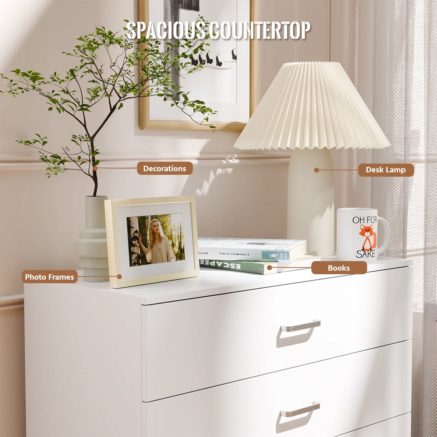 5 Drawer Chest White, Wood Storage Cabinet Dresser for Bedroom, Hallway, Closet Organizer, Modern Furniture (75x36x90cm)