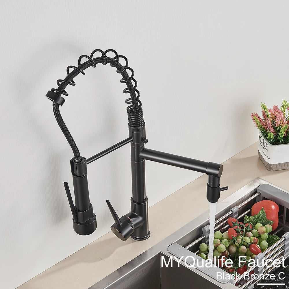 Black Pull Down Brass Kitchen Sink Faucet Hot Cold Water Mixer Crane Tap with Dual Spout 360 Rotation High Faucet Deck Mounted