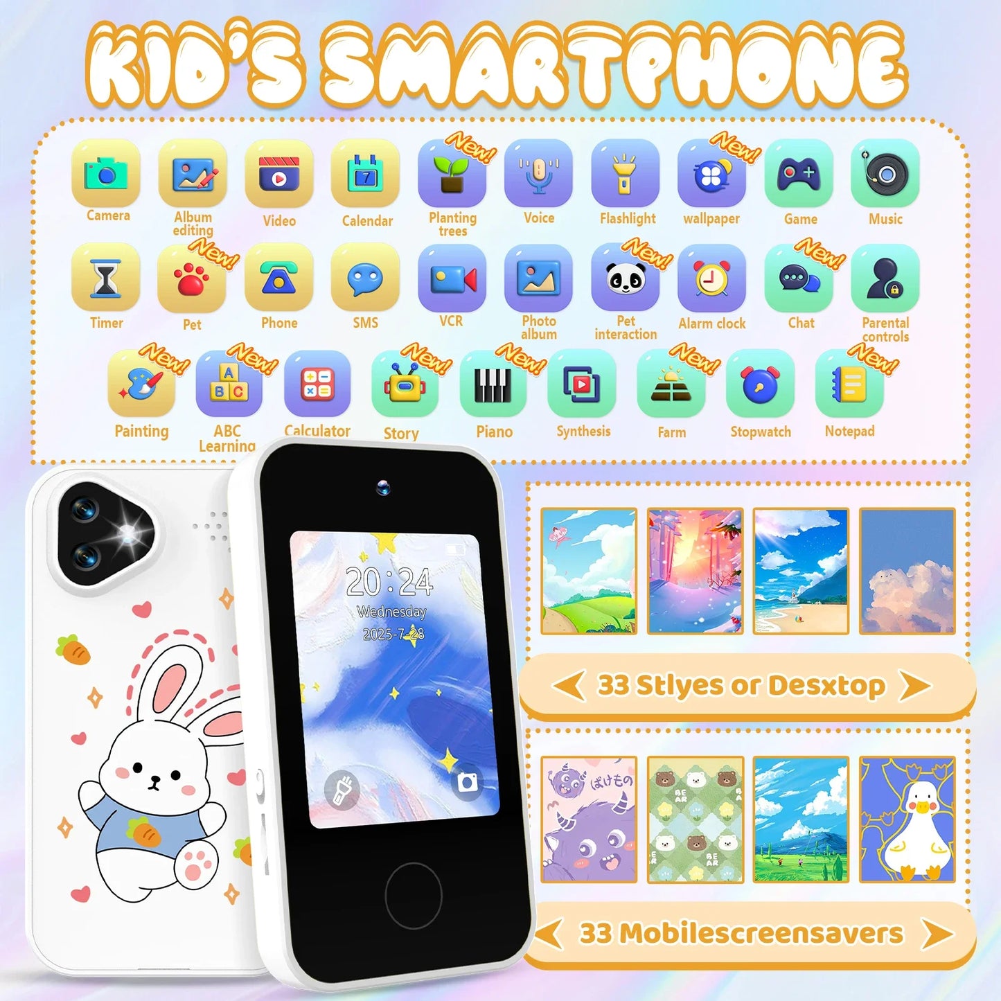 Kids Smart Phone Toy with Dual Camera Educational Games Music Player Safe Mode Best Birthday Gift HD 1080P Kids Camera Toys
