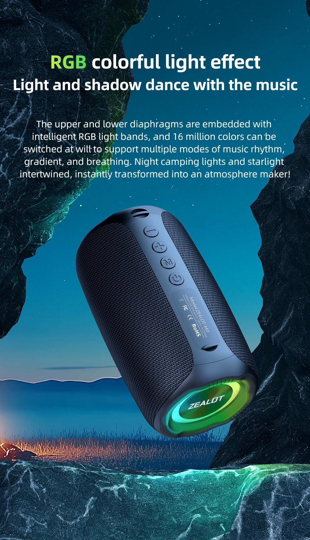 zealot-m2 Portable Bluetooth Speaker,IPX5 Waterproof 360° Wireless Speaker TWS Stereo Pairing 10hrs Playtime For Camping Hiking