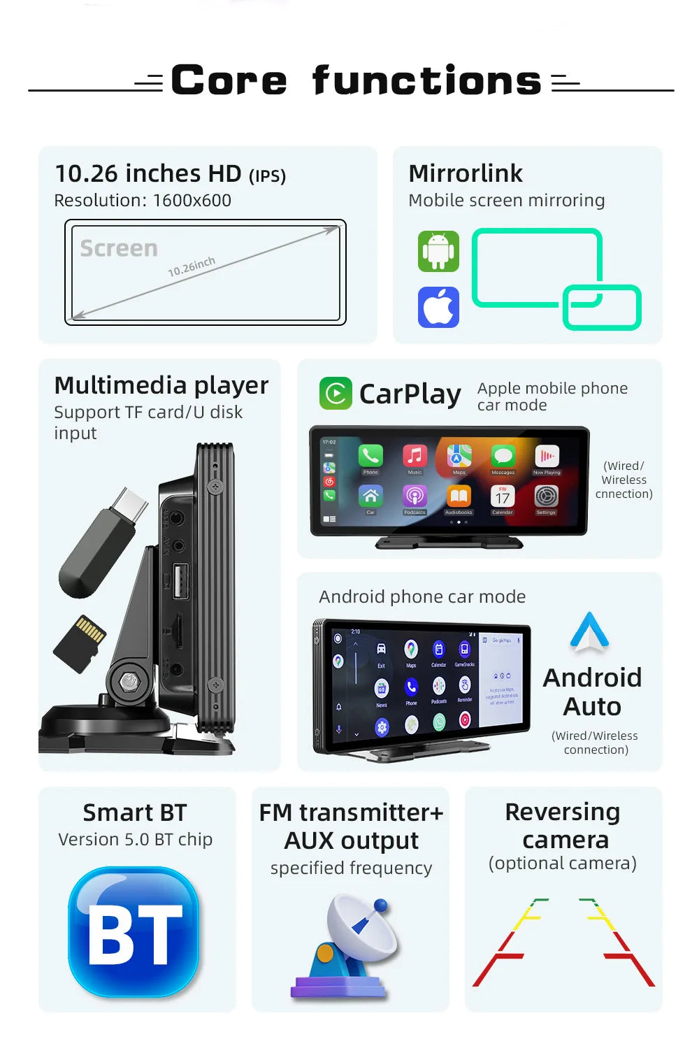 BQCC 10.26 Inch Portable MP5 Multimedia Video Player Android Auto Wireless Carplay Screen HD Rear Reversing Camera Car Radio