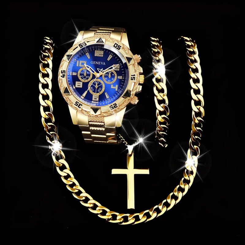 4PCS Fashion Arabic Dial Men Business Watches Bracelet Necklaces Set Luxury Mens Quartz Wristwatch Reloj Hombre（Without Box）