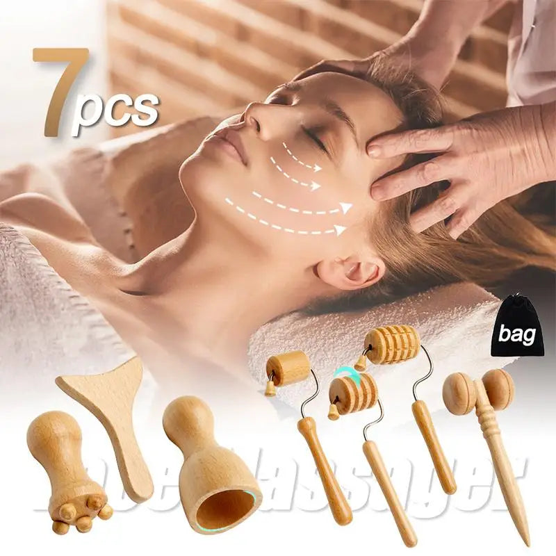 1/7pcs Face Massager  Wooden Face  Face Roller Mini Wood Therapy Face Wood Therapy Meridian Massage Kit Facial Roller Lifting