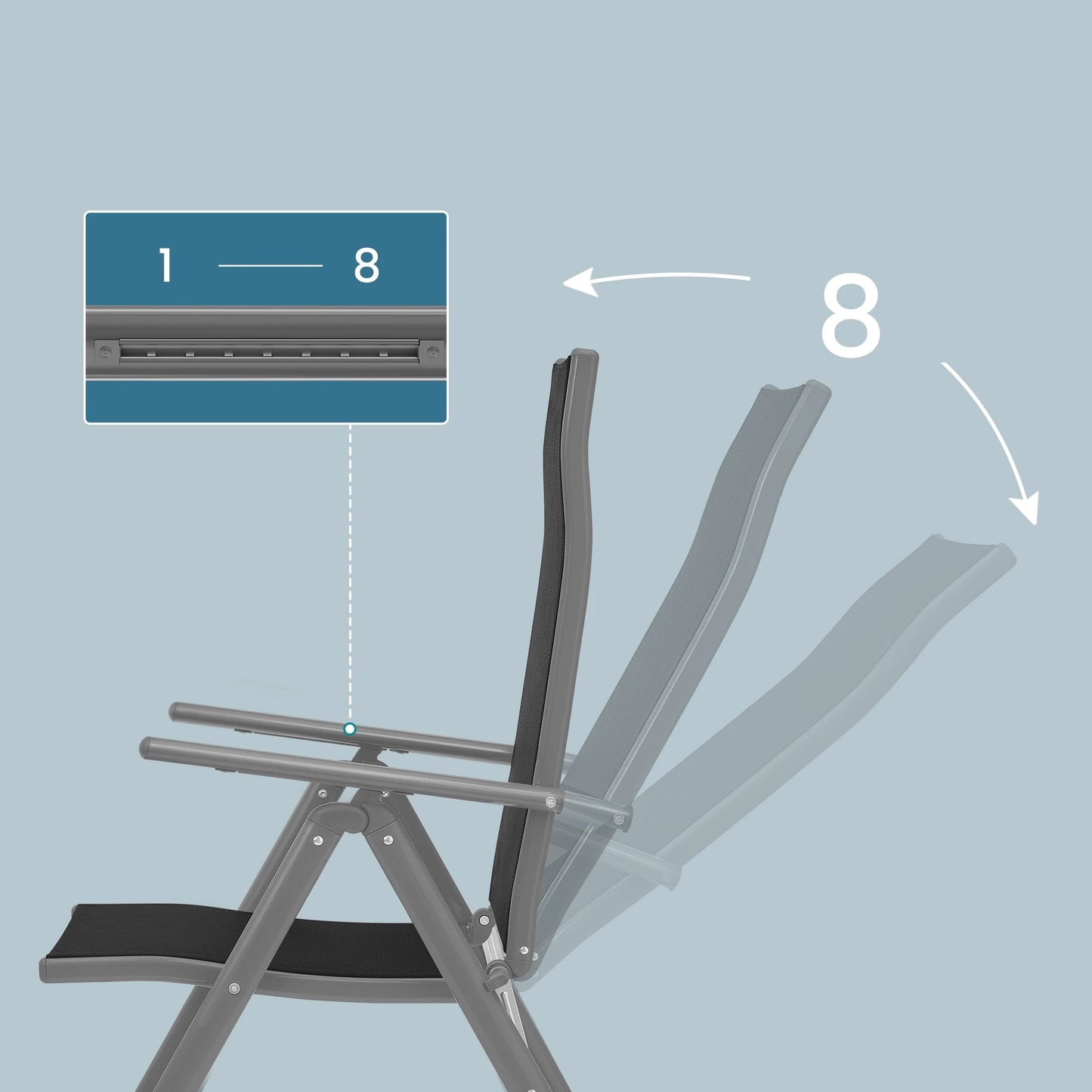 SONGMICS Set of 2 Folding Garden Chairs, Outdoor Chairs with Metal Frame, 8-Angle Reclining Backrest, Max. Capacity 150 kg per Chair
