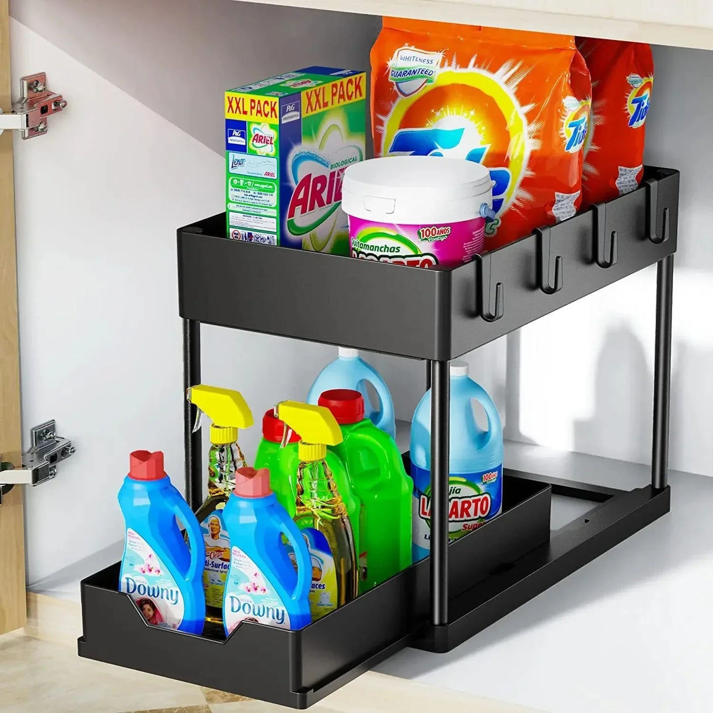 2-Tier Pull Out Under Sink Organizer, Storage Rack with Hooks & Cups, Space Saving Slide-Out Shelf for Kitchen Bathroom Cabinet