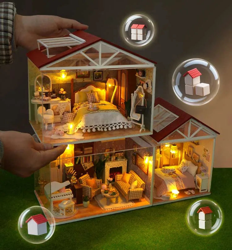 DIY Doll House Wooden Miniature Kit with Furniture Set Handmade Model Assembly Toy Case for Birthday Gifts