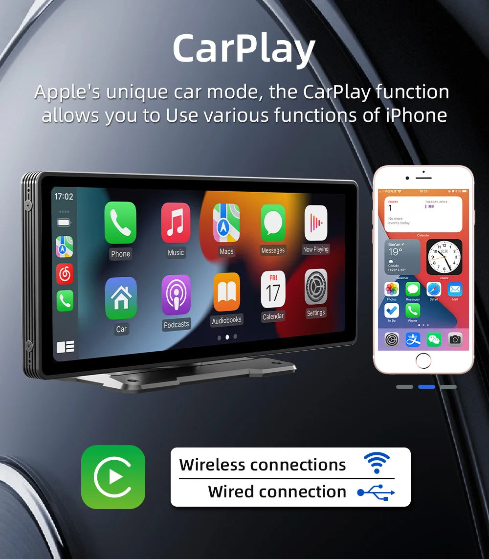 BQCC 10.26 Inch Portable MP5 Multimedia Video Player Android Auto Wireless Carplay Screen HD Rear Reversing Camera Car Radio