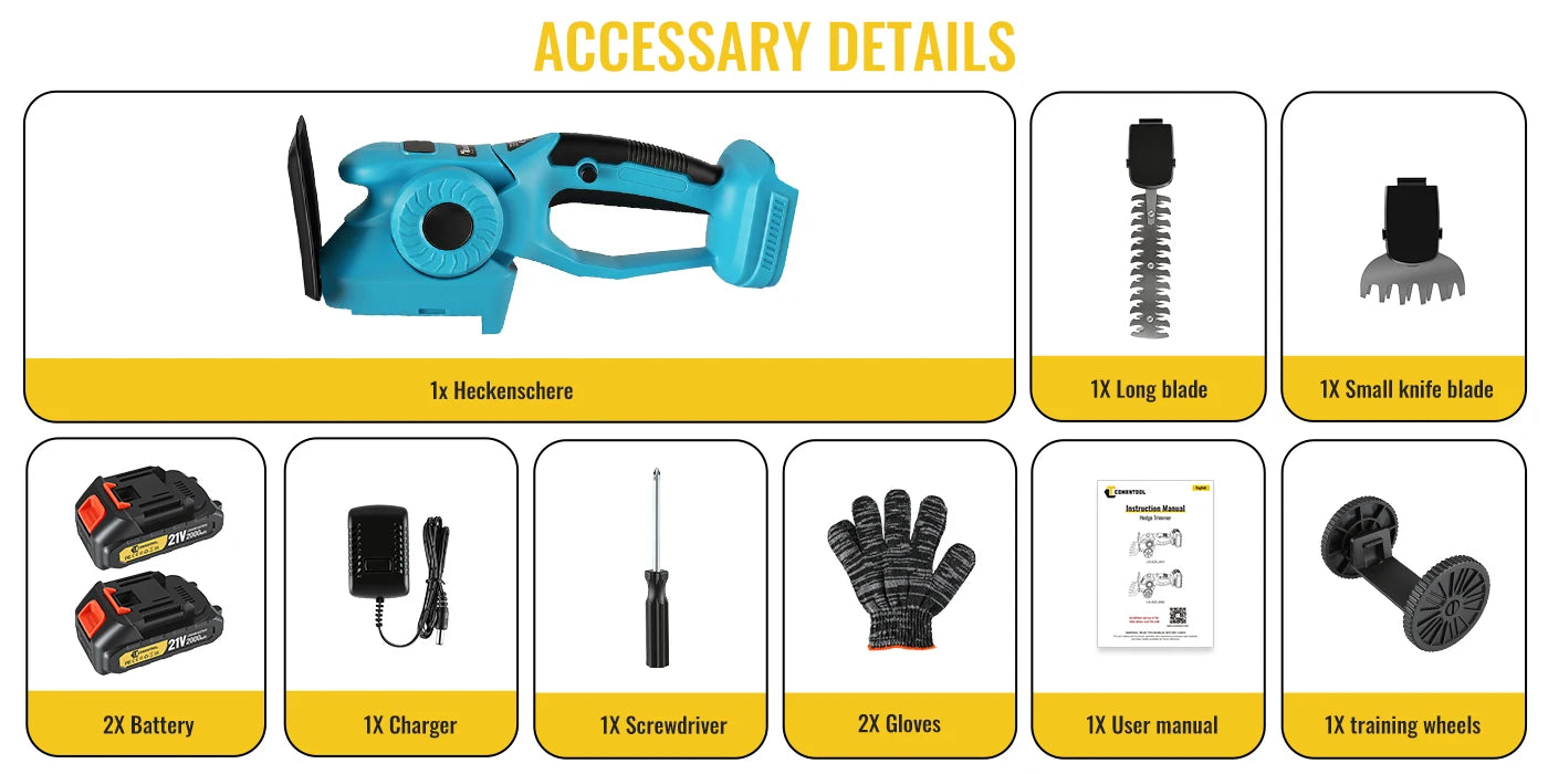 CONENTOOL 2in1 21V Cordless Hedge Trimmer 20000RPM 9 Inch Electric Shrub Pruning Shears Grass Cutter for Makita 18V Battery Pin
