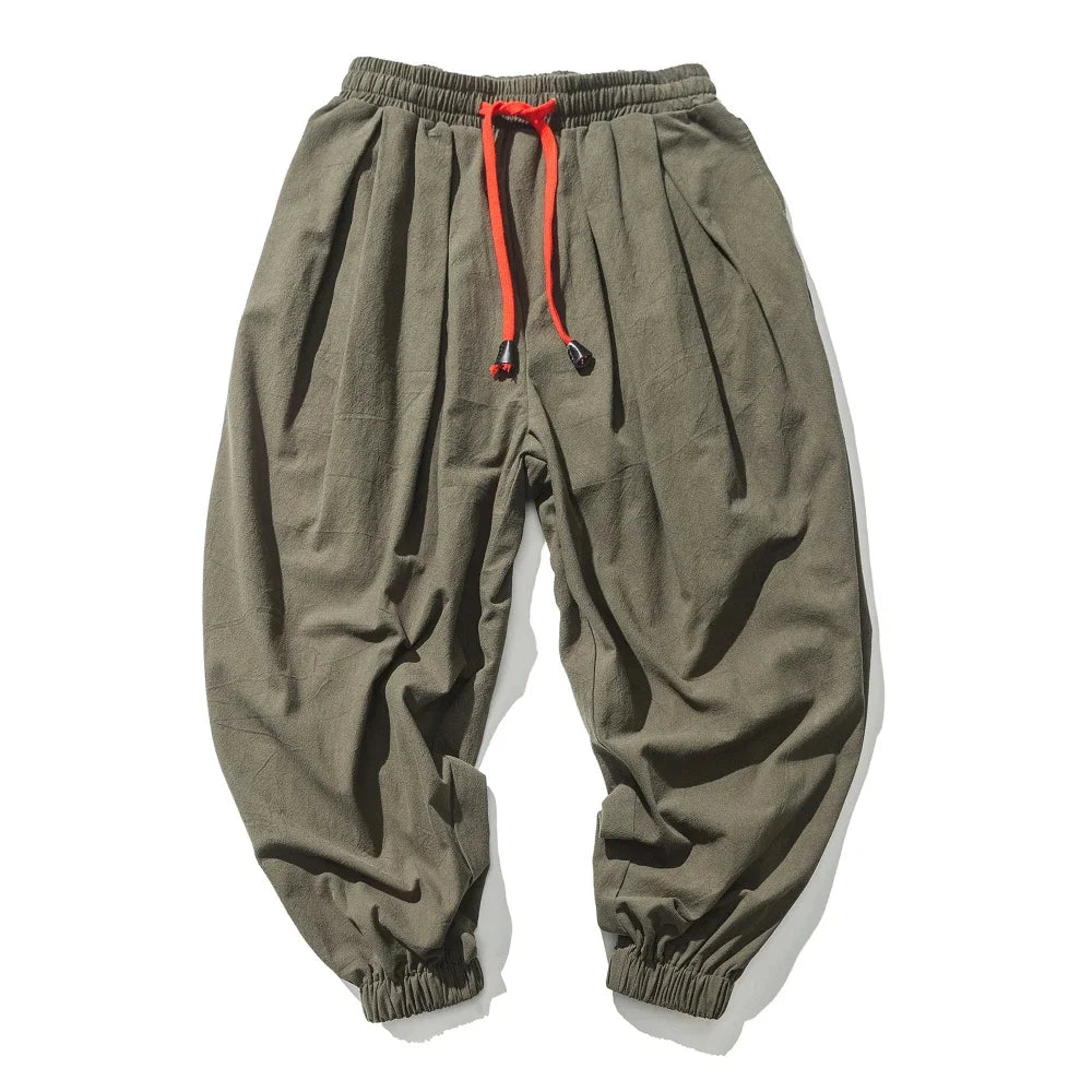 Men's Cotton Linen Wide Leg Pants Casual Loose Fit Solid Color Breathable Lightweight Elastic Waist Male Baggy Long Pants
