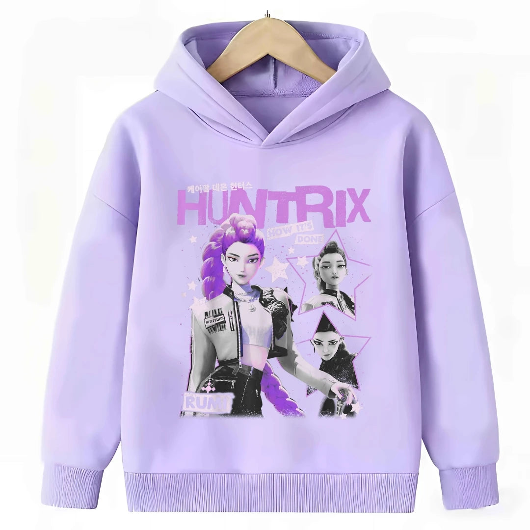 2026 New Kpop Demon Hunter Cartoon Hoodie Kids Boys Girls Purple Warm Casual Loose Sweatshirt Children Fashion Streetwear Tops