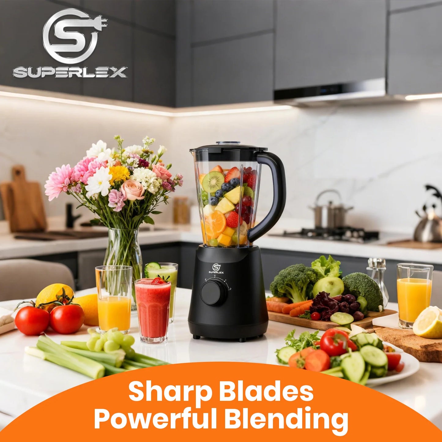 SUPERLEX 500W 2 in 1 Blender With 1.5L Glass Jar Powerful Performance 2 speeds with chopping kneading grinding blender Fruit Mix