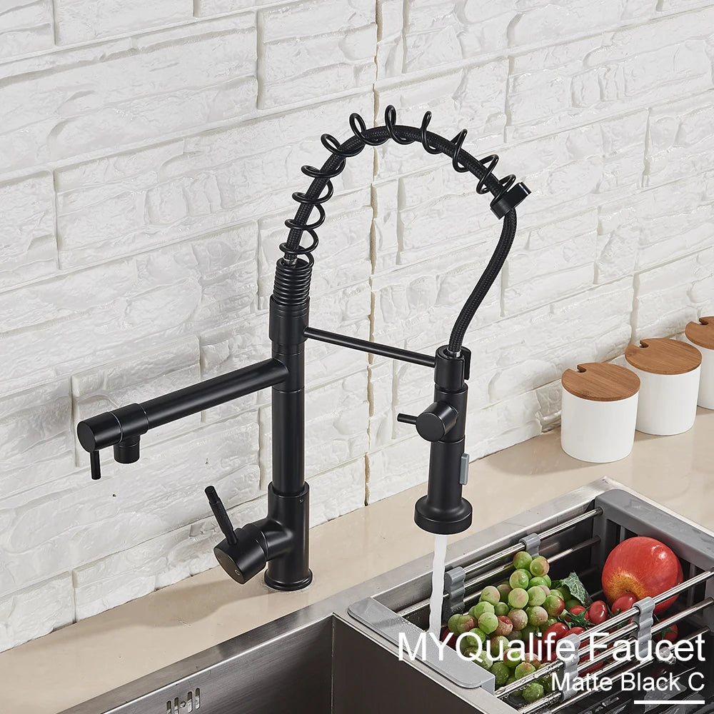 Black Pull Down Brass Kitchen Sink Faucet Hot Cold Water Mixer Crane Tap with Dual Spout 360 Rotation High Faucet Deck Mounted