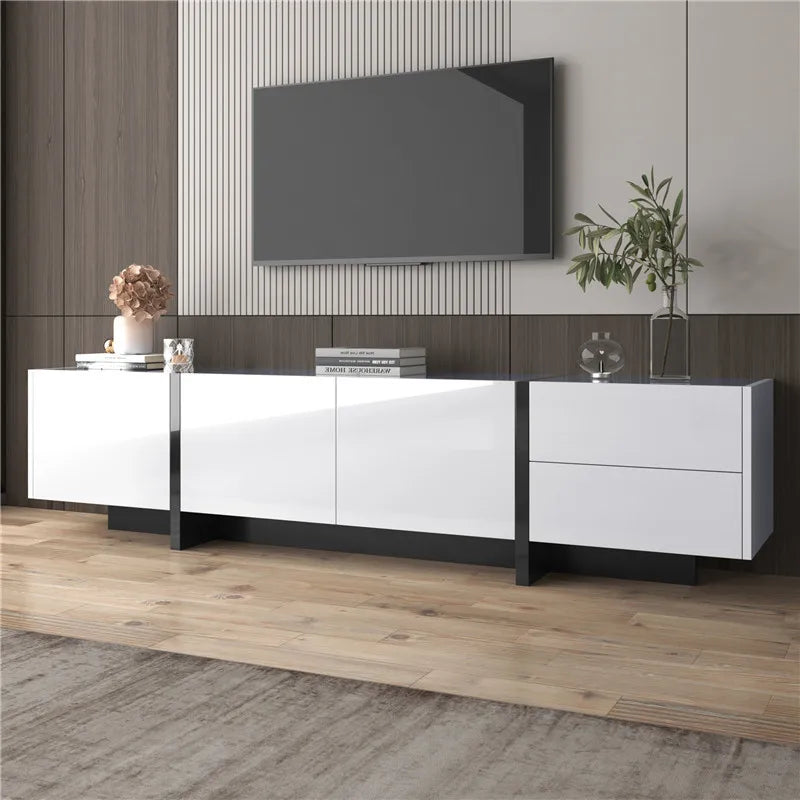 190x45x35cm High-Gloss White & Black TV Stand, Low Cabinet with Doors (Built-in Shelves) & Drawers, Contrast Black Legs Minimali