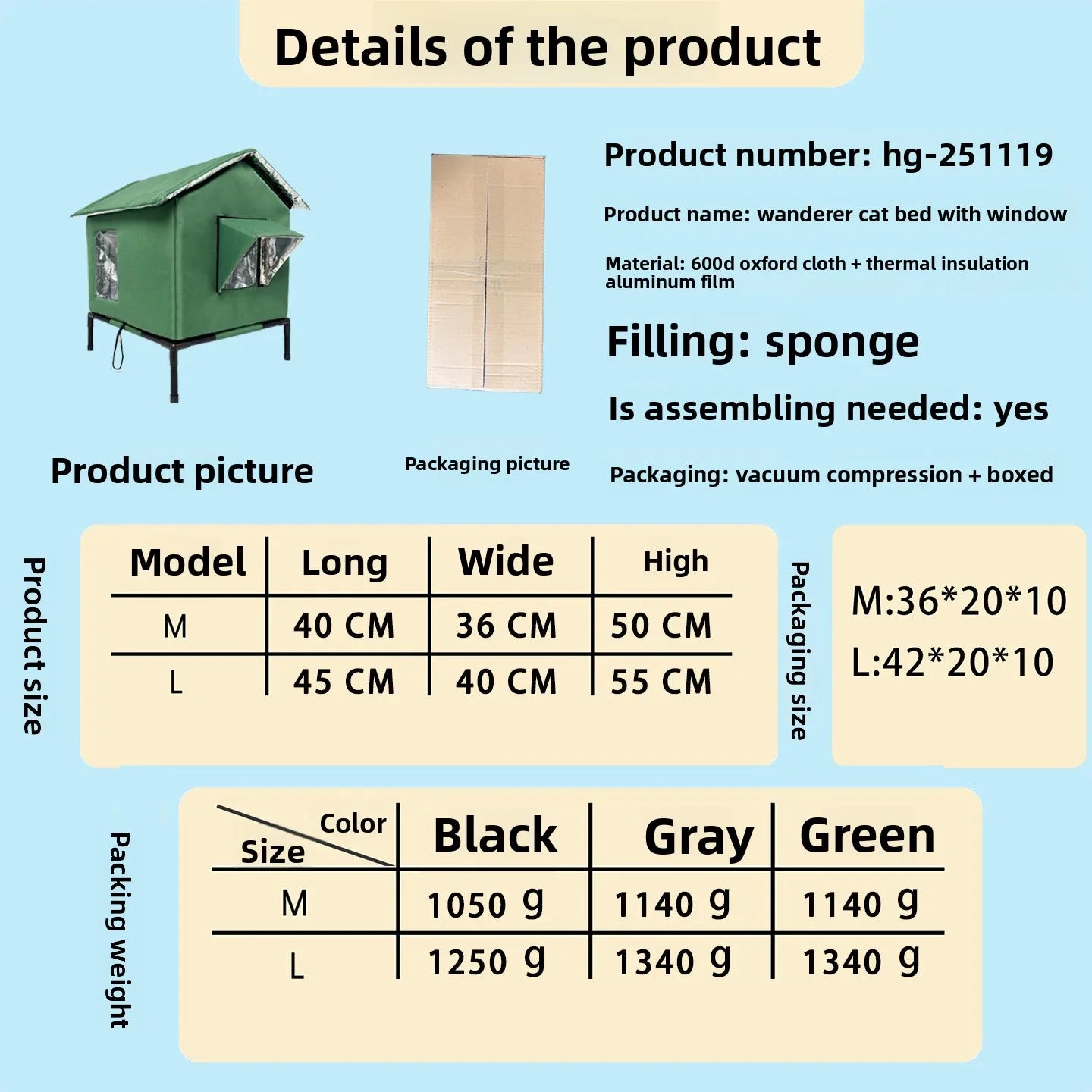 Outdoor waterproof cat house, detachable and height increasing waterproof stray cat house, foldable winter cat nest, pet nest
