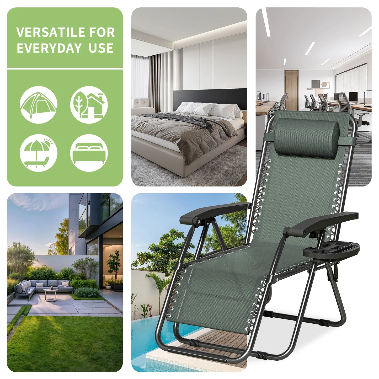 Zero Gravity Reclining Chair Set of 2 – Folding Outdoor & Garden Chairs with Textilene Fabric, Cup Holder and Headrest Pillow