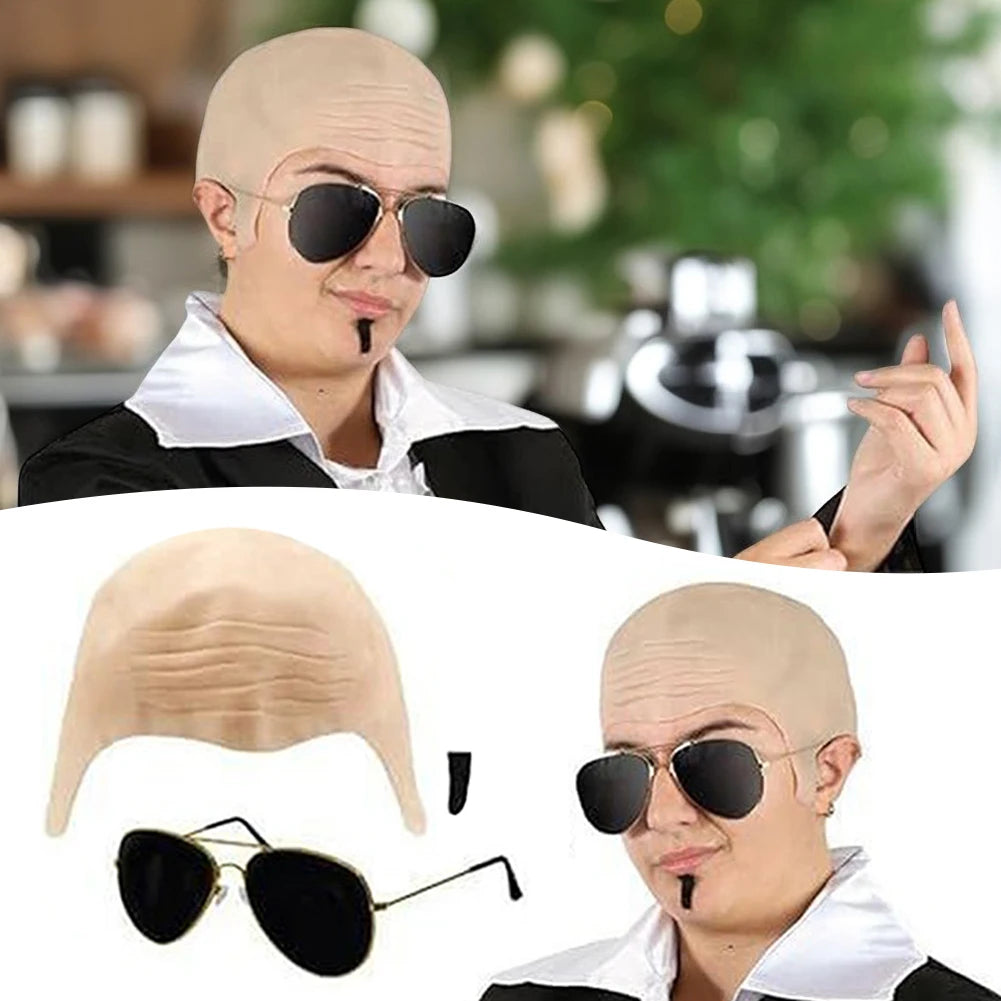 Cosplay Costume Accessory Set With Nude Latex Bald Cap/Sunglasses/Black Souls Patch Funny Singers Rapper Fancys Dress For Adults