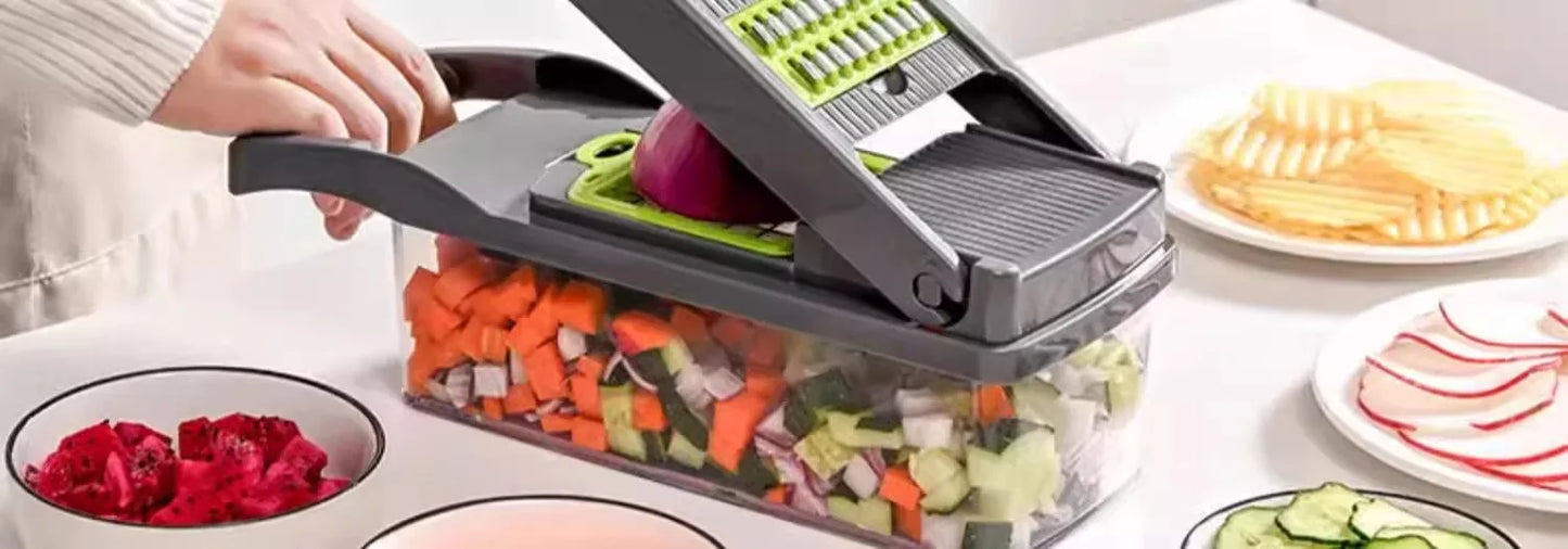 16 in 1 Handheld Slicers Dicers Graters, Multifunctional Vegetable Chopper Kitchen Food Tool with Container & Safety Guard