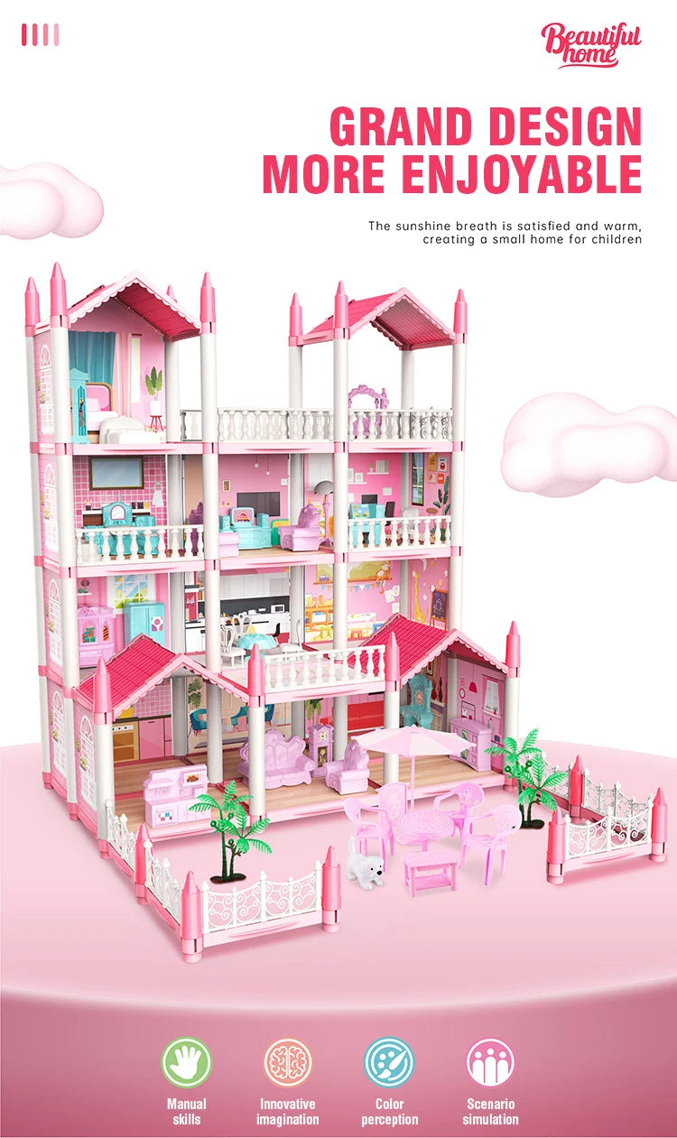 Girl Doll House Toy Children Pretend Play Dollhouse Villa Patchwork Dream Furniture Home Doll House for Kids Christmas Toy Gifts
