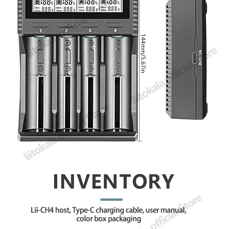 LiitoKala Lii-CH4 Smart Charger for 18650/21700/26650/AA/AAA/Ni-MH/Li-ion,1.2V/1.5V 4-Slot Fast Charge, USB-C, Auto Detect