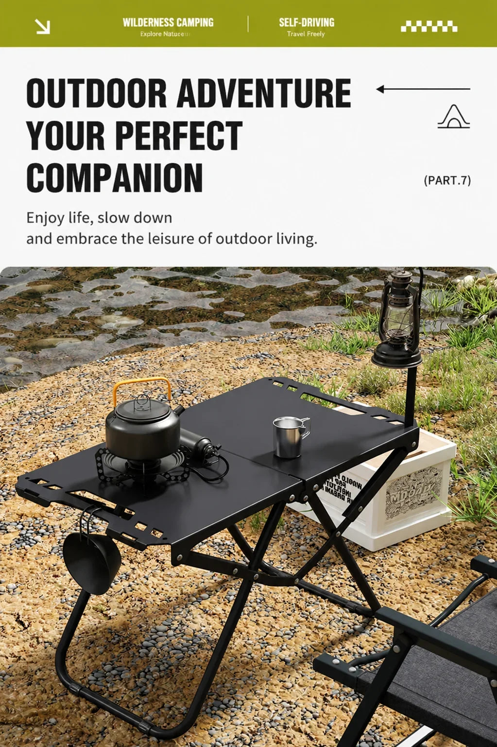 Green Portable Foldable Camping Table, Hollow Edge Hangable Design, Lightweight Durable Table for Picnic Beach Outdoor Travel