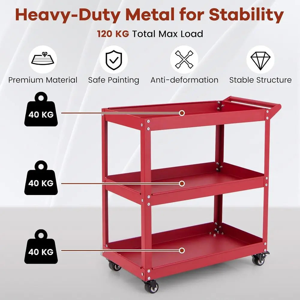 Sturdy 3-Tier Metal Tool Cart with Lockable Wheels, Red - Ideal for Workshop, Garage, Kitchen Storage