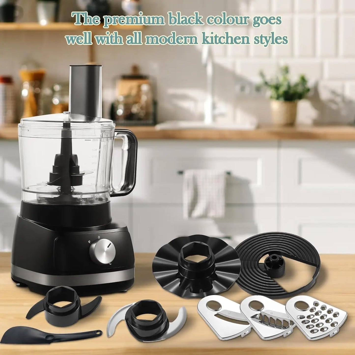 TopStrong 6-in-1 for Chopping, Slicing, Shredding and Kneading Dough, 3 Speeds with Pulse, 2L Mixing Bowl 800W Food Processor