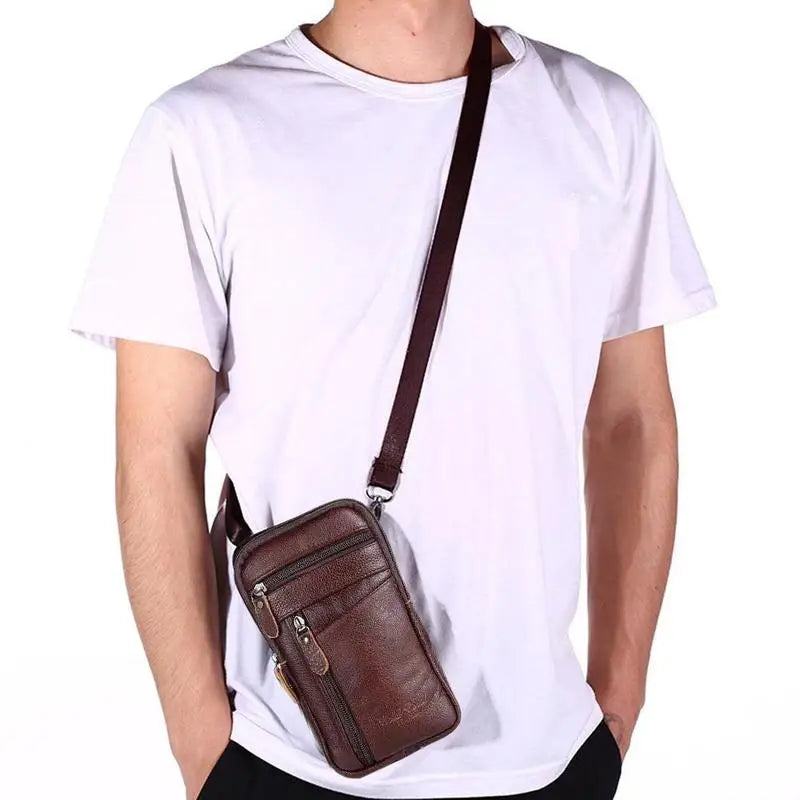 Leather Waist Bag Men's Mobile Phone Bag Wearing Belt Outdoor Sport One Shoulder Small Bag Doing Business Crossbody Bags