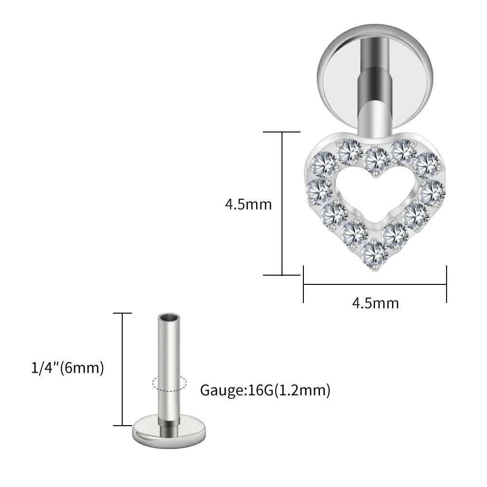 Right Grand ASTM F136 Titanium Mini Heart Cartilage Earring 16G Dainty Flat Back Labret Stud Tragus Helix Piercing Jewelry